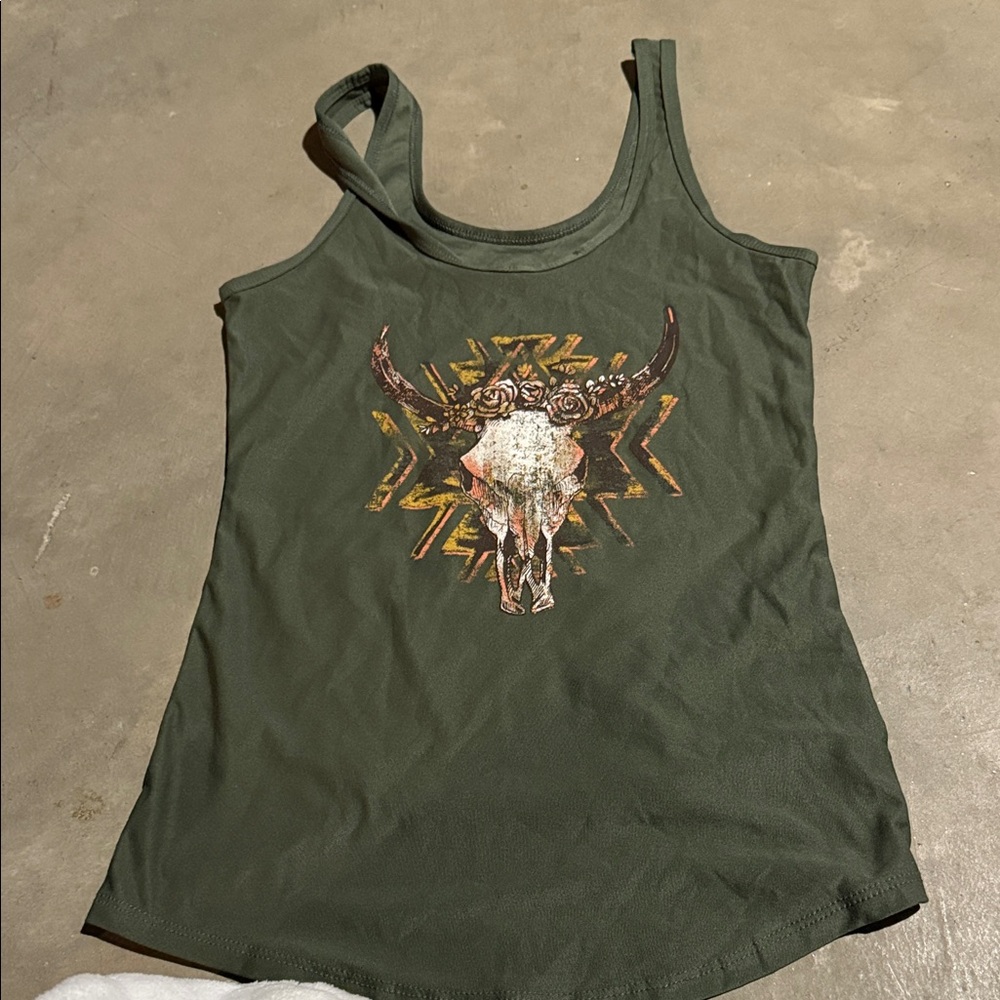 No Boundaries Olive Bull Skull Tank Top